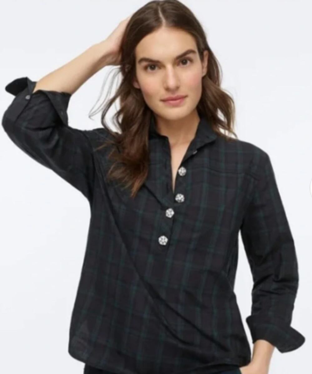 J. Crew Jeweled Button Popover Tunic in Black Watch Tartan Size 6